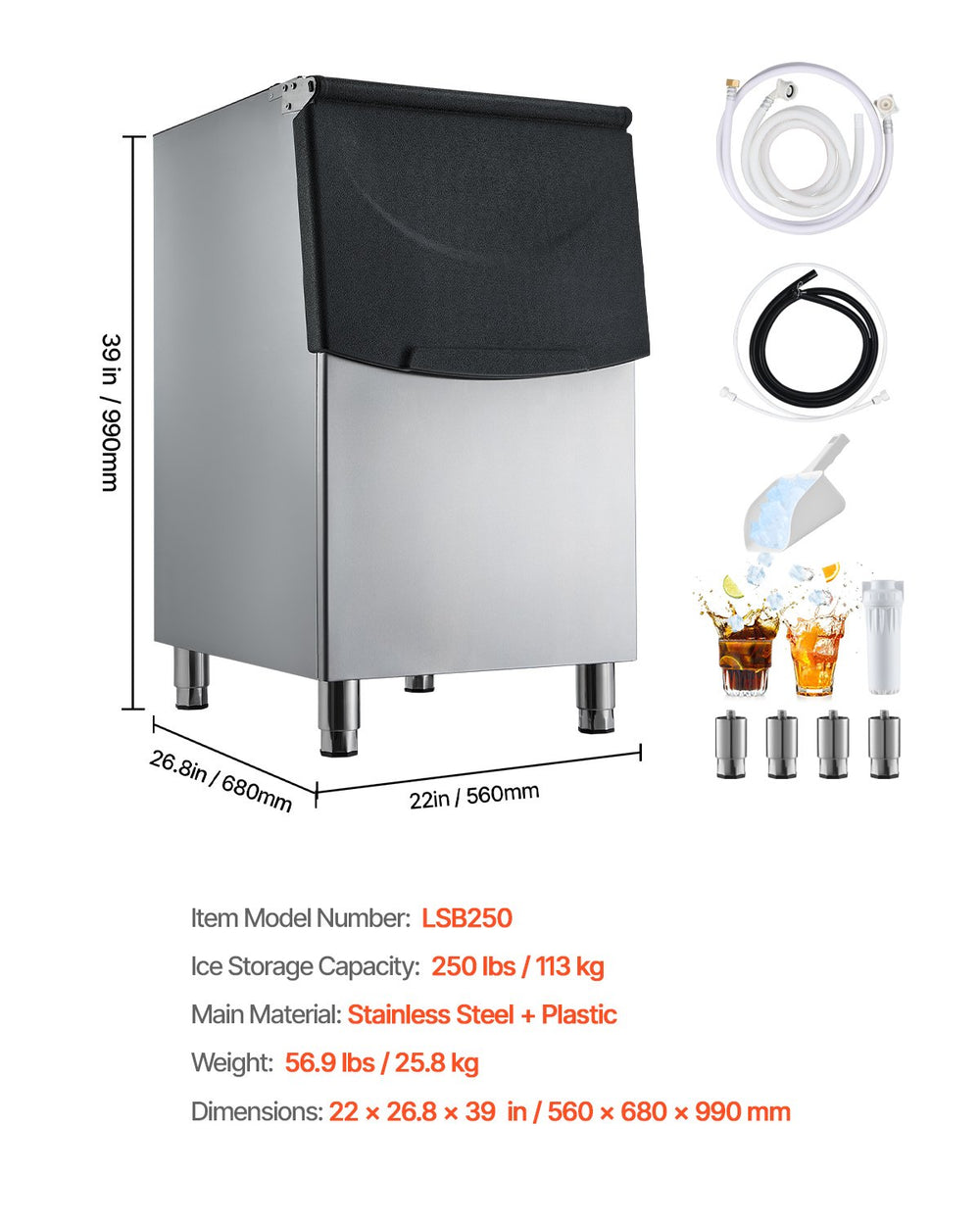 VEVOR Commercial Ice Maker Storage Bin, 250 lbs capacity (drainage/detail view)