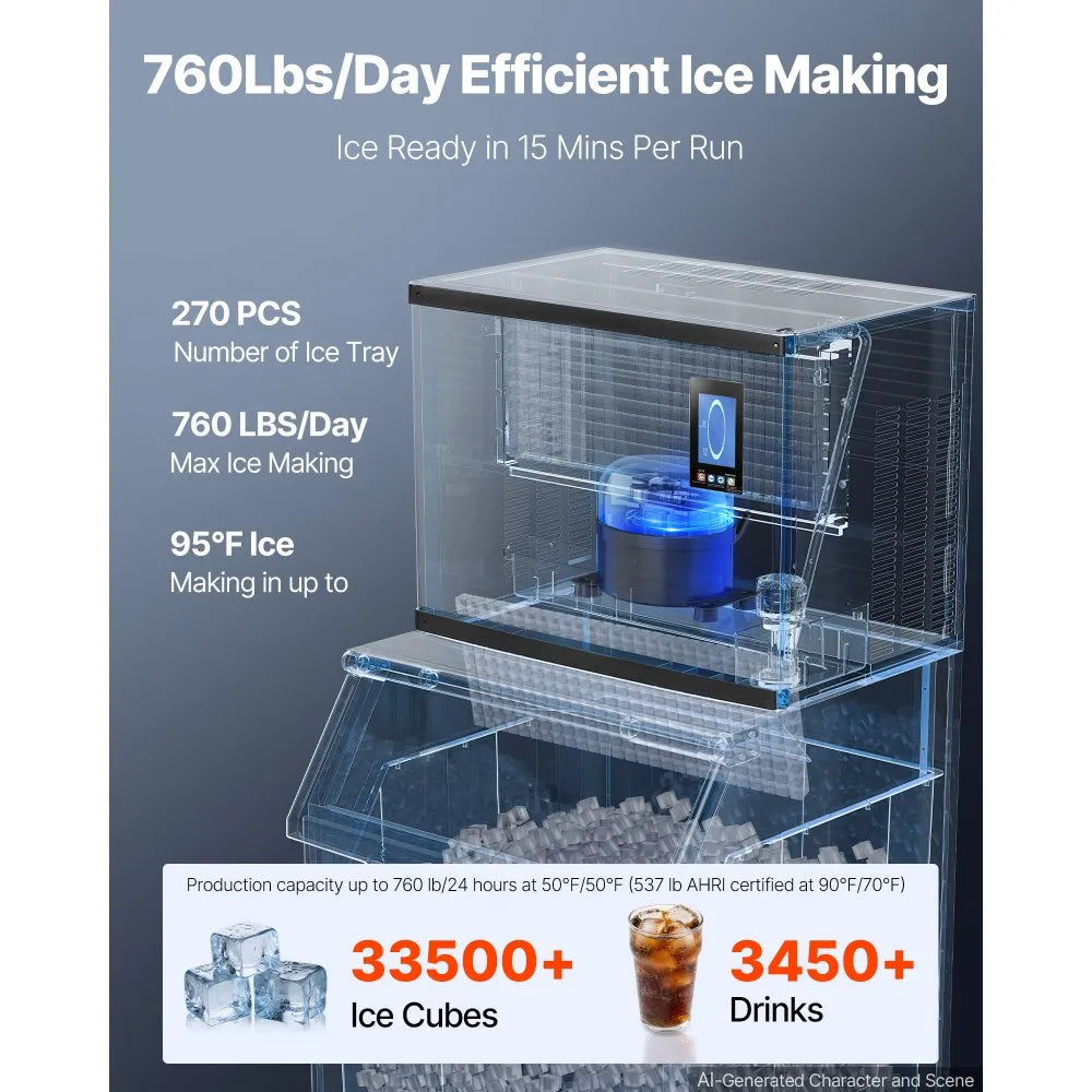 VEVOR Commercial Ice Maker Machine 690 Lbs/24H Stainless Steel Head Only, for Restaurant Bar Cafe, Ice Ready in 15 Mins, with Self-Cleaning, 270 pcs Ice Tray, Adjustable Thickness, AC220-240V 60Hz