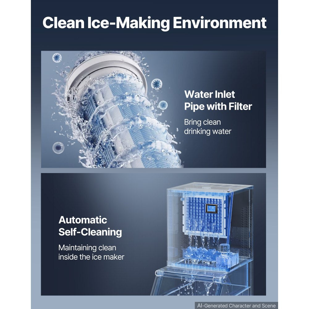 VEVOR Commercial Ice Maker Machine 370 Lbs/24H Ice-Making Stainless Steel, for Bar Cafe Restaurant Business, Ice Ready in 15 Mins, Freestanding with 250 Lbs Ice Storage Bin and Auto Self-Cleaning