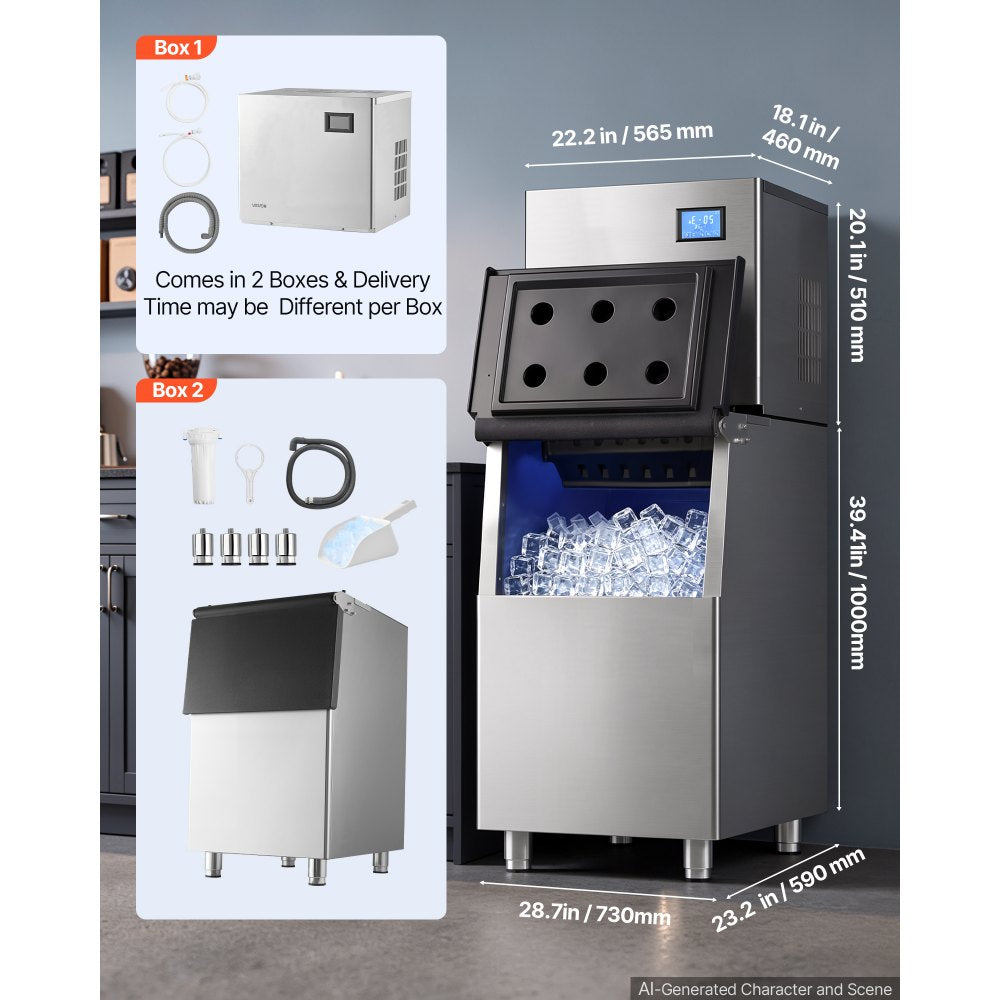 VEVOR Commercial Ice Maker Machine 370 Lbs/24H Ice-Making Stainless Steel, for Bar Cafe Restaurant Business, Ice Ready in 15 Mins, Freestanding with 250 Lbs Ice Storage Bin and Auto Self-Cleaning