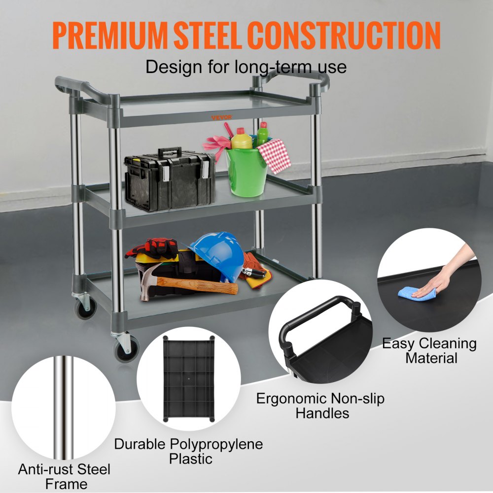VEVOR Utility Service Cart, 3 Shelf Heavy Duty 220LBS Food Service Cart, Rolling Utility Cart with Lockable Wheels, 40" x 19.3" x 38.6" Plastic Utility Cart for Kitchen Office Restaurant Home, Grey