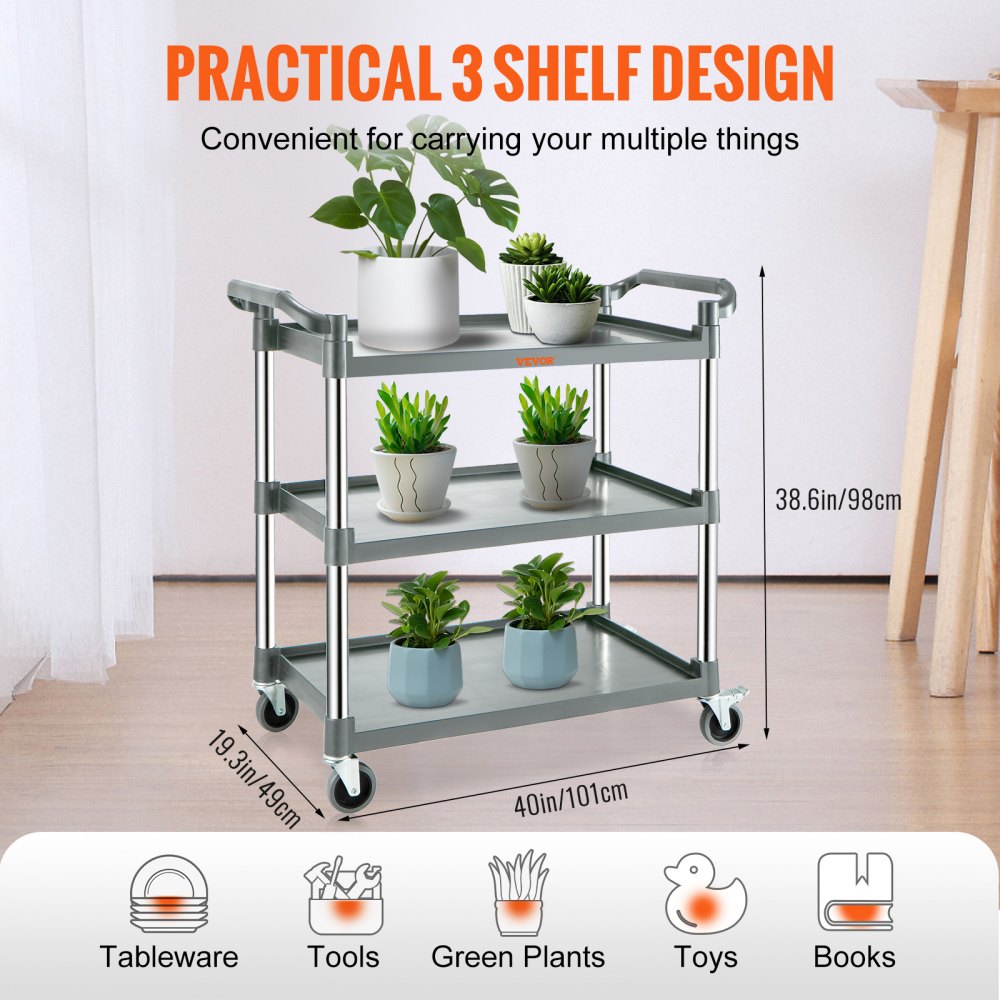VEVOR Utility Service Cart, 3 Shelf Heavy Duty 220LBS Food Service Cart, Rolling Utility Cart with Lockable Wheels, 40" x 19.3" x 38.6" Plastic Utility Cart for Kitchen Office Restaurant Home, Grey