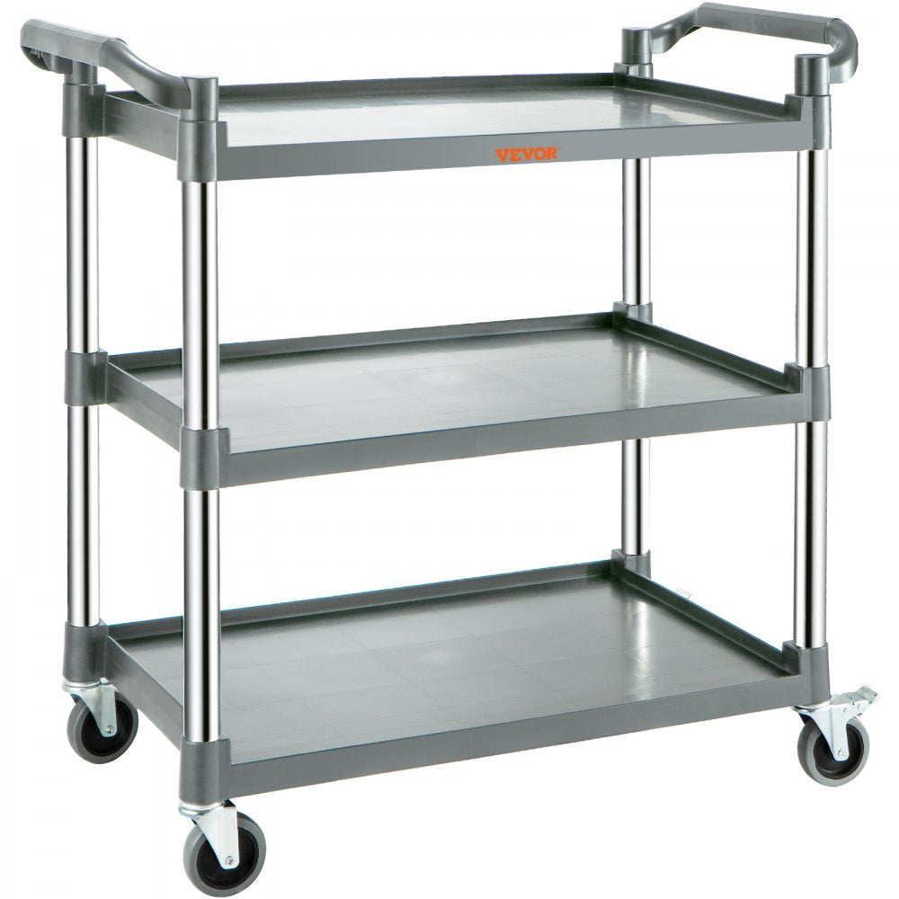 VEVOR Utility Service Cart, 3 Shelf Heavy Duty 220LBS Food Service Cart, Rolling Utility Cart with Lockable Wheels, 40" x 19.3" x 38.6" Plastic Utility Cart for Kitchen Office Restaurant Home, Grey