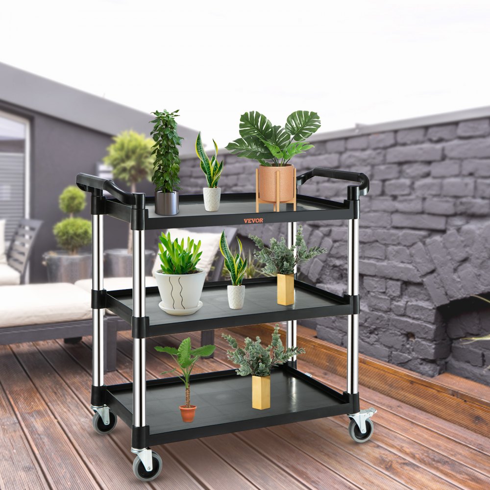 VEVOR Utility Service Cart, 3 Shelf Heavy Duty 220LBS Food Service Cart, Rolling Utility Cart with Lockable Wheels, 40" x 19.3" x 38.6" Plastic Utility Cart for Kitchen Office Restaurant Home, Black