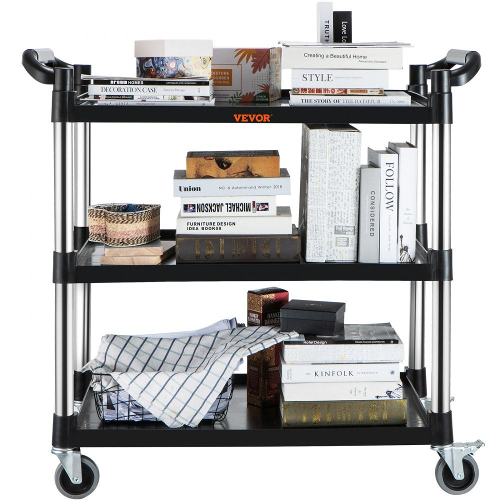 VEVOR Utility Service Cart, 3 Shelf Heavy Duty 220LBS Food Service Cart, Rolling Utility Cart with Lockable Wheels, 40" x 19.3" x 38.6" Plastic Utility Cart for Kitchen Office Restaurant Home, Black