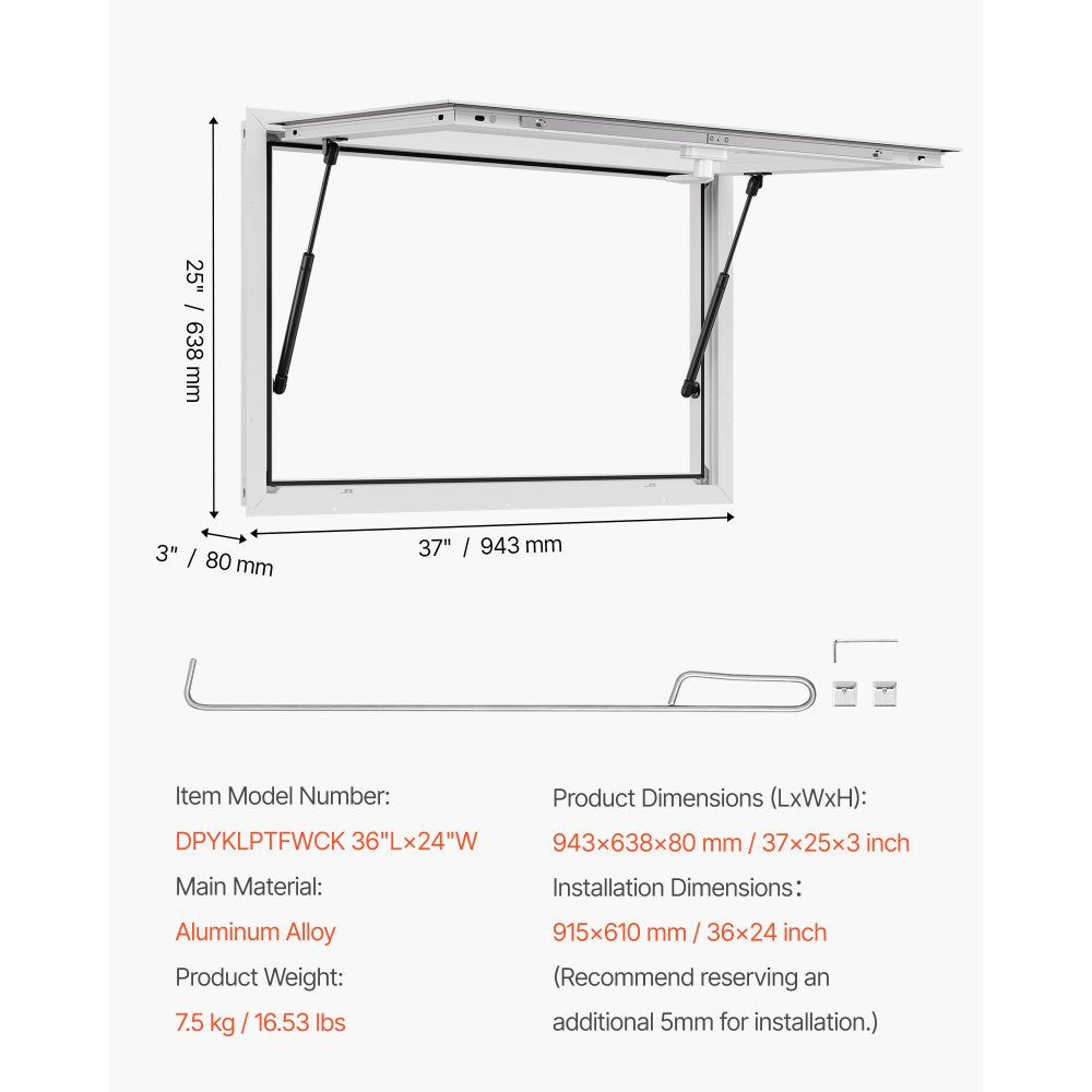 VEVOR Concession Window 36x24 in, Aluminum Alloy Frame Service Window for Food Truck, Up to 85 Degrees Stand Serving Window with Awning Door and Drag Hook, Rainwater Resistant for Concession Trailers