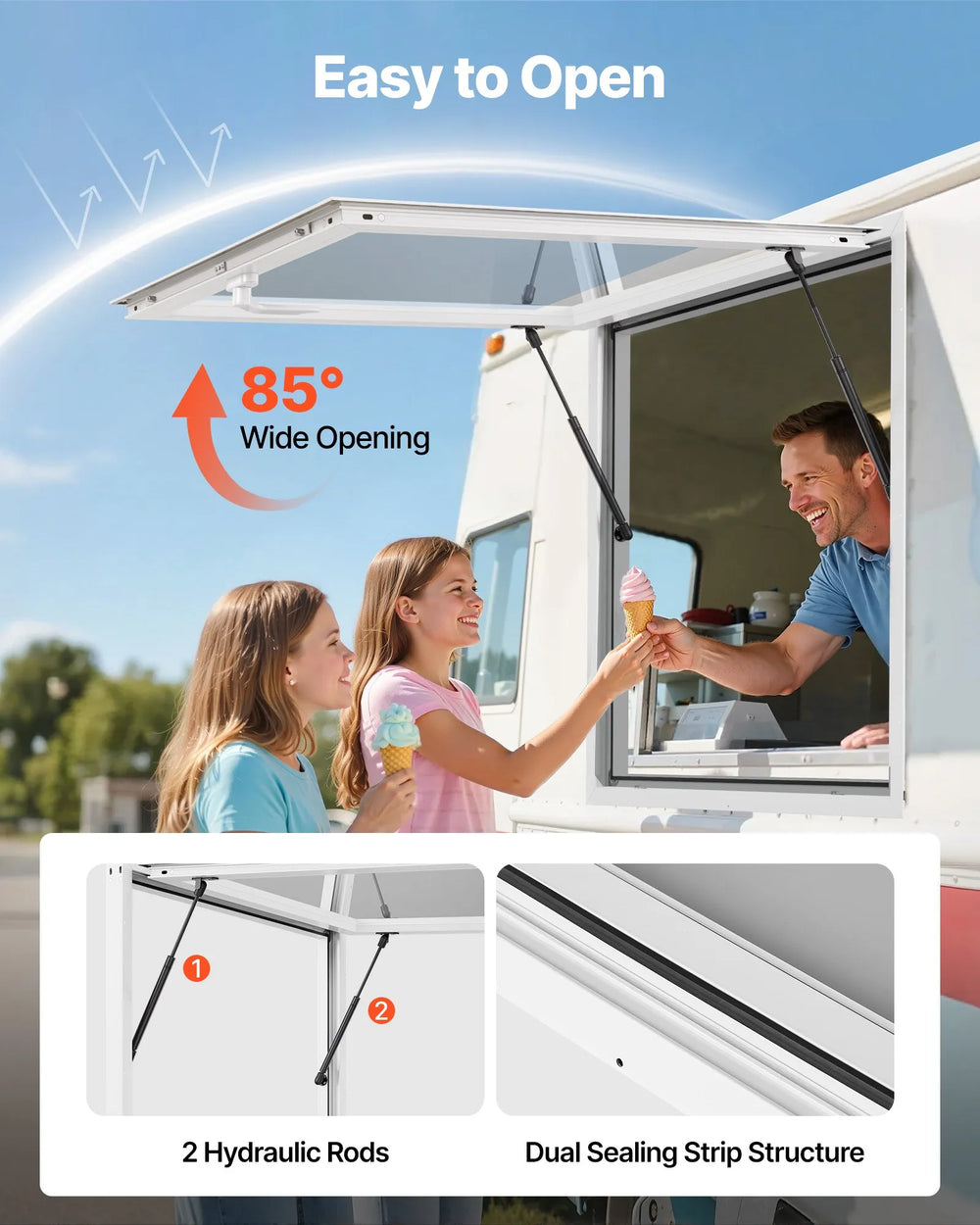VEVOR Concession Window 36x36 in, Aluminum Alloy Frame Service Window for Food Truck, Up to 85 Degrees Stand Serving Window with Awning Door and Drag Hook, Rainwater Resistant for Concession Trailers