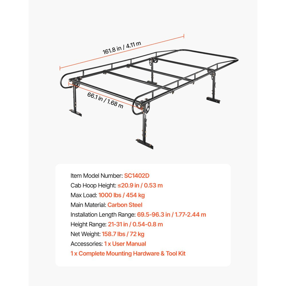 VEVOR Service Body Truck Ladder Rack 1000LBS Capacity Over-Cab Trucks Rack, 21"-31" Height Adjustable, Fit Single/Dual Rear Wheel Utility Truck, Heavy Duty Steel Support for Kayak Surfboard Lumber