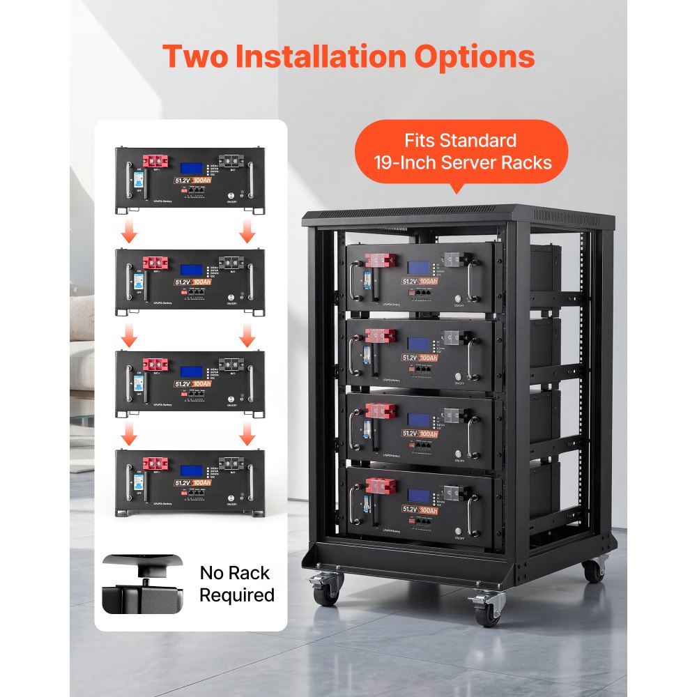 VEVOR 48V 100Ah LiFePO4 Lithium Battery, Built-in 100A BMS, 51.2V Server Rack LiFePO4 Battery with Bluetooth & Display, 5120Wh Capacity, 6000 Cycles, for Solar Energy Storage Home Backup Power, 4 Pack