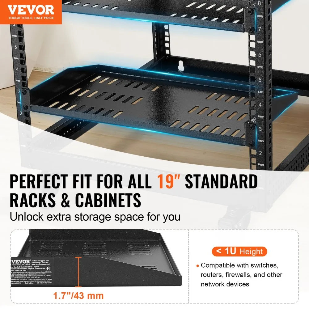 VEVOR 2PCS 1U Server Rack Shelf, 10"/254 mm Depth, 50 lbs Max Load Capacity Vented Cantilever or Wall Mount Rack Mount Shelf with Tray, Good Air Circulation for 19" Network Cabinet or Equipment Rack