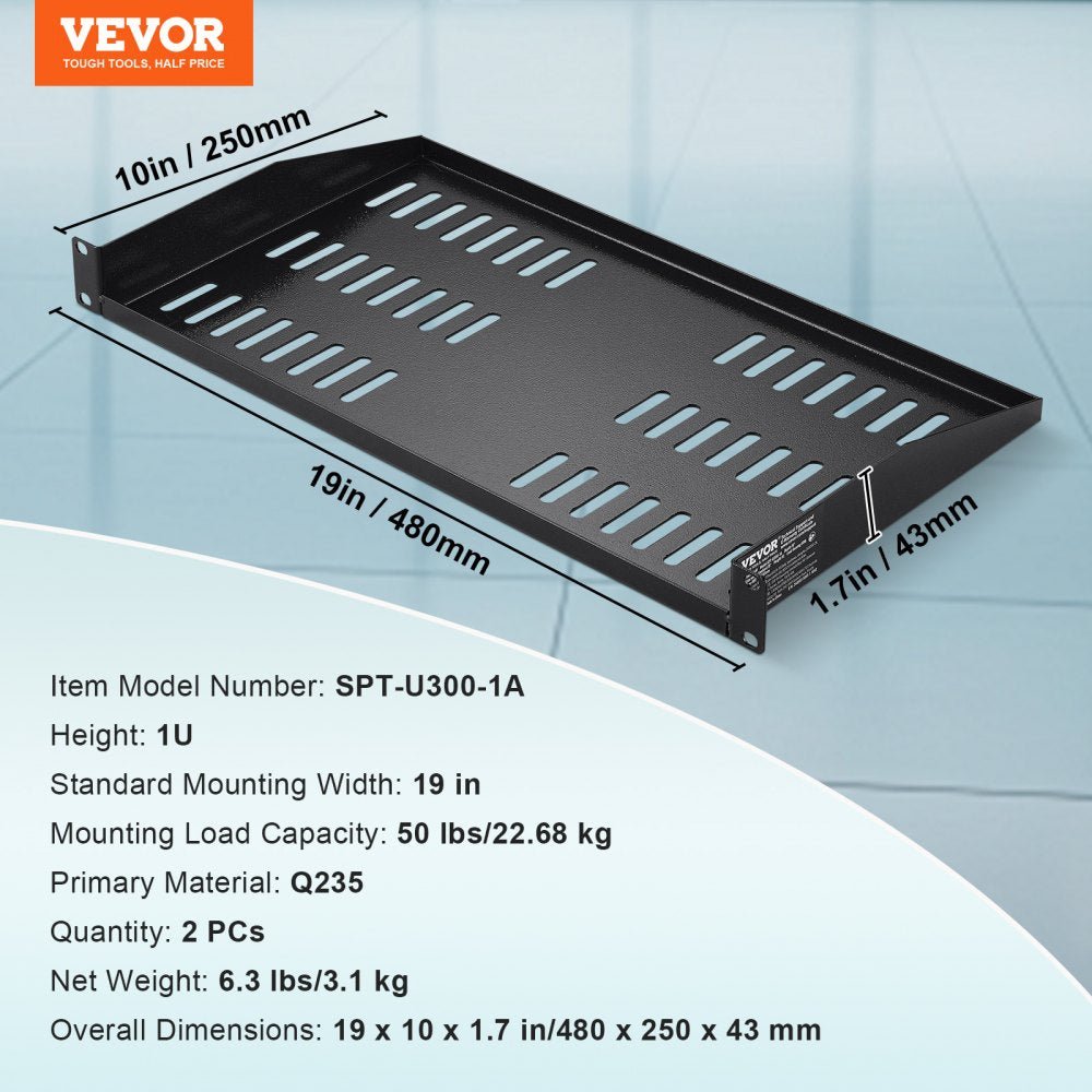 VEVOR 2PCS 1U Server Rack Shelf, 10"/254 mm Depth, 50 lbs Max Load Capacity Vented Cantilever or Wall Mount Rack Mount Shelf with Tray, Good Air Circulation for 19" Network Cabinet or Equipment Rack
