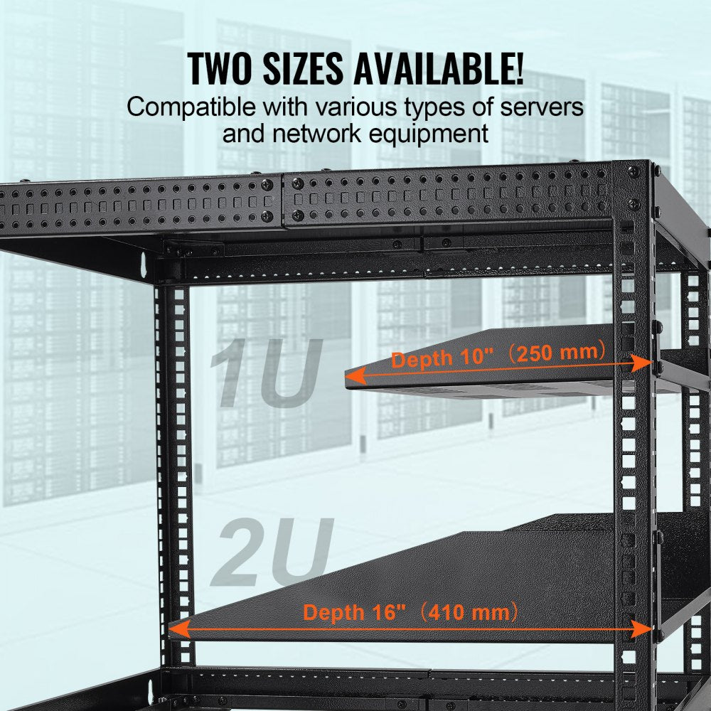VEVOR 2U Server Rack Shelf, 16"/406mm Depth, 50lbs Max Load Capacity Vented Cantilever or Wall Mount Rack Mount Shelf with Tray, Good Air Circulation for 19"/482.6mm Network Cabinet or Equipment Rack
