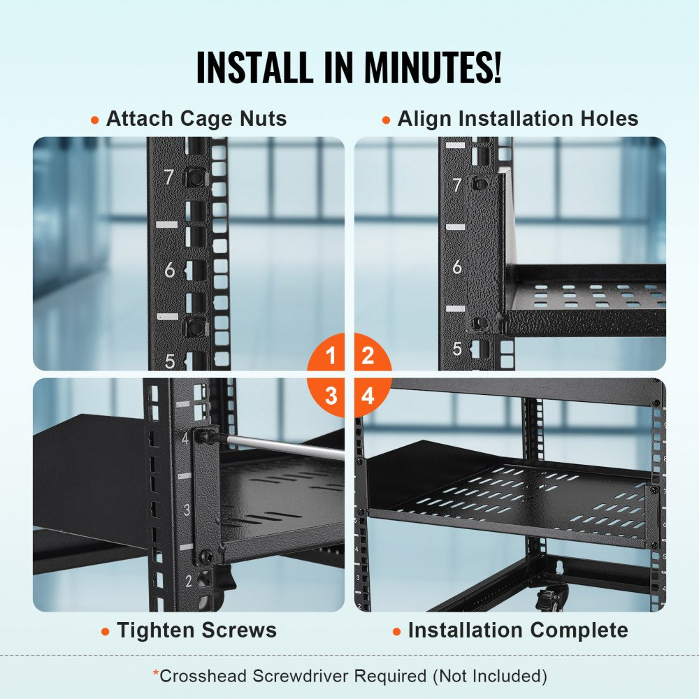 VEVOR 2U Server Rack Shelf, 16"/406mm Depth, 50lbs Max Load Capacity Vented Cantilever or Wall Mount Rack Mount Shelf with Tray, Good Air Circulation for 19"/482.6mm Network Cabinet or Equipment Rack