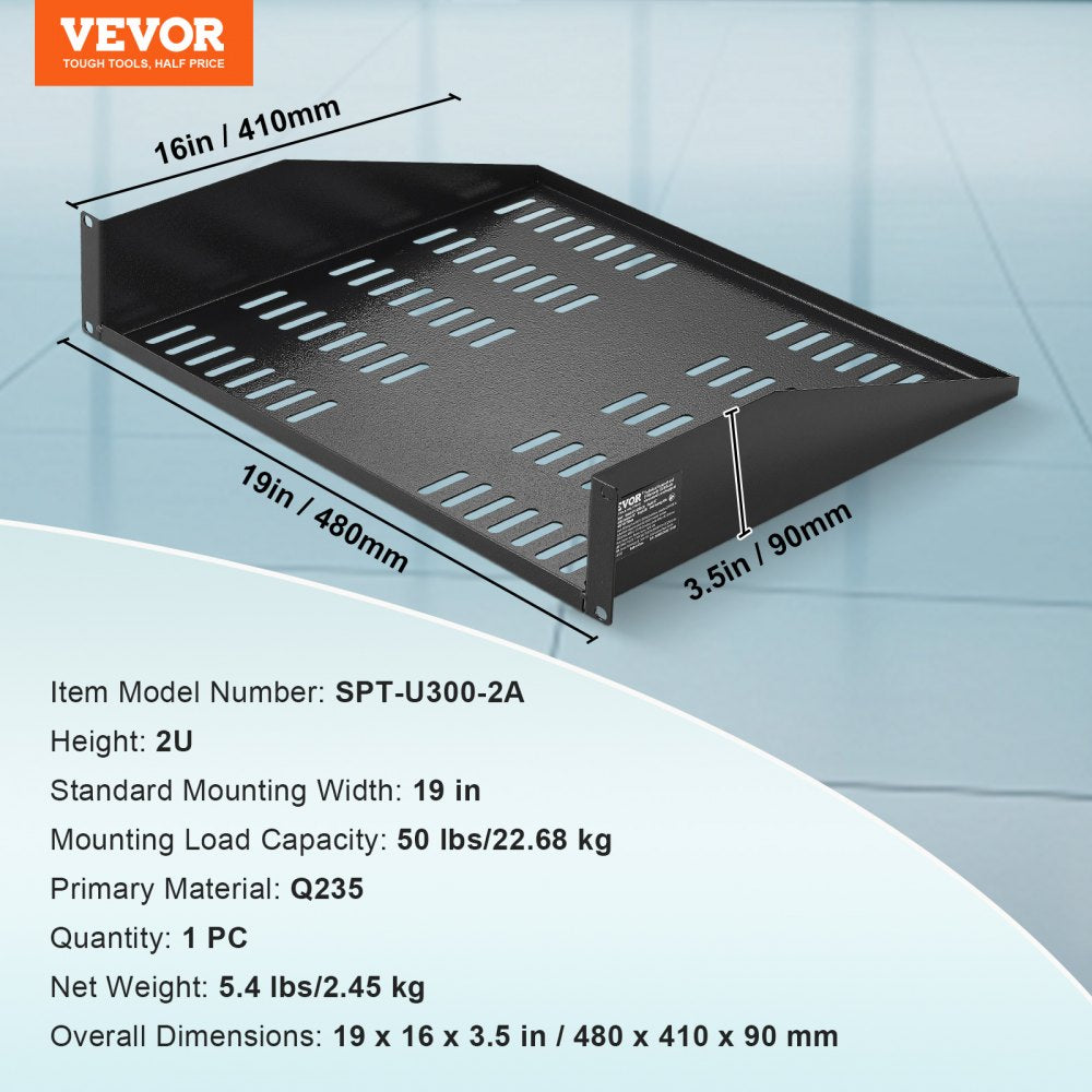 VEVOR 2U Server Rack Shelf, 16"/406mm Depth, 50lbs Max Load Capacity Vented Cantilever or Wall Mount Rack Mount Shelf with Tray, Good Air Circulation for 19"/482.6mm Network Cabinet or Equipment Rack