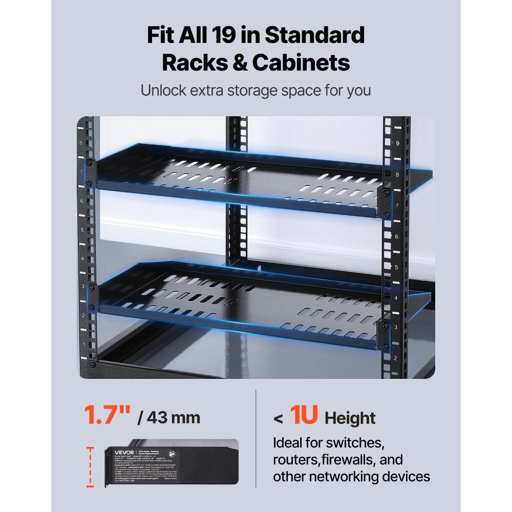 VEVOR 1U Server Rack Shelf, 4 PCS, 50 lbs Max Load-Bearing Vented Cantilever, Wall Mount or Rack Mount Shelf with Tray, 10 in Depth, Good Air Circulation for 19 Inch Cabinet Computer Network Equipment