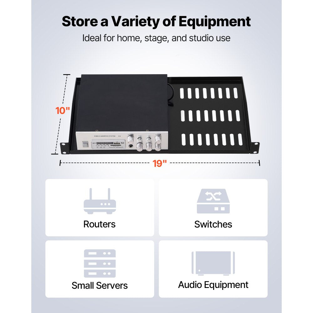 VEVOR 1U Server Rack Shelf, 4 PCS, 50 lbs Max Load-Bearing Vented Cantilever, Wall Mount or Rack Mount Shelf with Tray, 10 in Depth, Good Air Circulation for 19 Inch Cabinet Computer Network Equipment