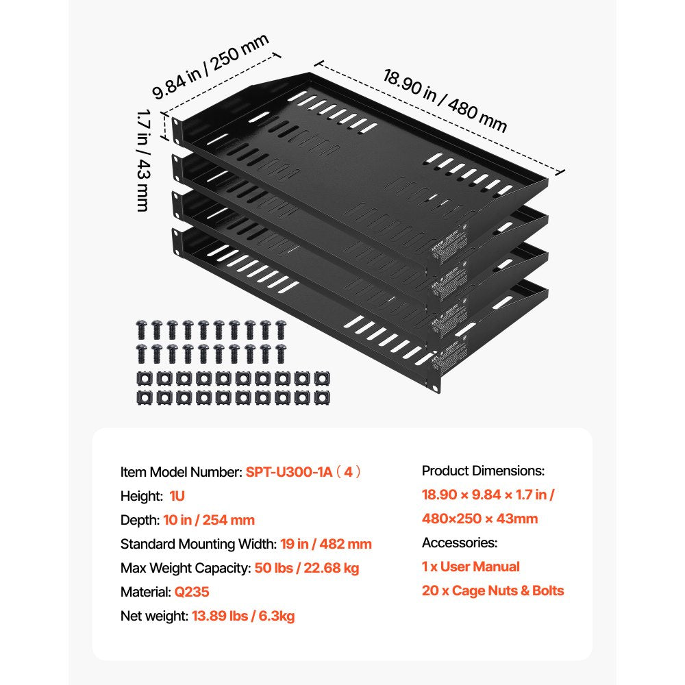 VEVOR 1U Server Rack Shelf, 4 PCS, 50 lbs Max Load-Bearing Vented Cantilever, Wall Mount or Rack Mount Shelf with Tray, 10 in Depth, Good Air Circulation for 19 Inch Cabinet Computer Network Equipment