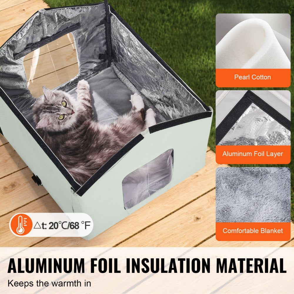 VEVOR Heated Cat House, Outdoor Kitty Shelter with Adjustable Temperature and Timer, 600D Oxford Cloth Foldable Cat Shelter with Heated Pad  for Winter to Stay Warm and Cozy, Green (Middle)