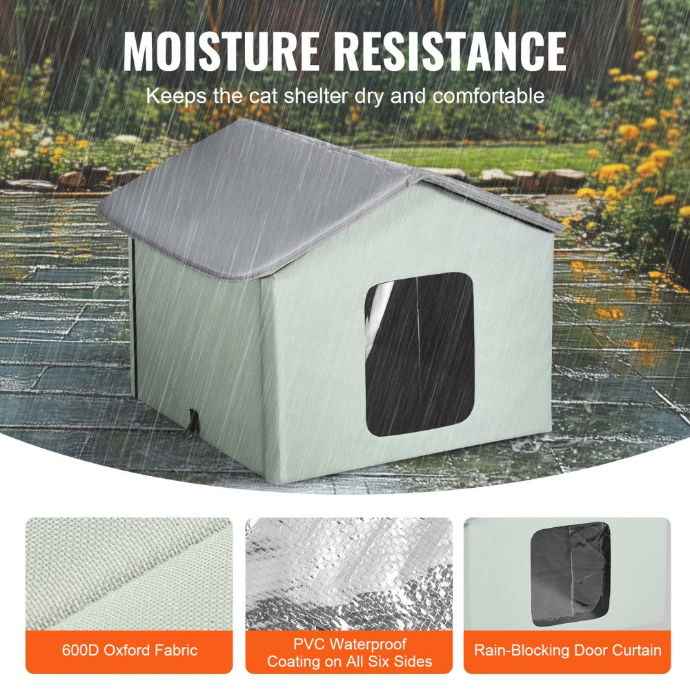 VEVOR Heated Cat House, Outdoor Kitty Shelter with Adjustable Temperature and Timer, 600D Oxford Cloth Foldable Cat Shelter with Heated Pad  for Winter to Stay Warm and Cozy, Green (Middle)