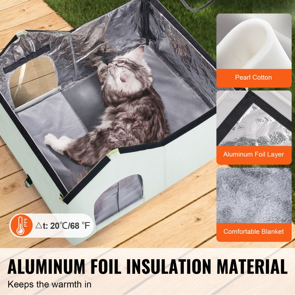 VEVOR Heated Cat House, Outdoor Kitty Shelter with Adjustable Temperature and Timer, 600D Oxford Cloth Foldable Cat Shelter with Heated Pad  for Winter to Stay Warm and Cozy, Green (Large)