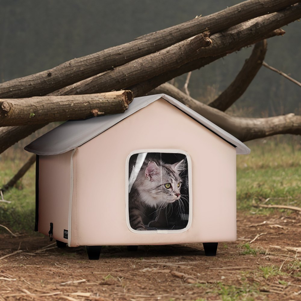 VEVOR Elevated Heated Cat House, Outdoor Kitty Shelter with Timer, 600D Oxford Cloth Foldable Cat Shelter with Heated Pad for Winter to Stay Warm and Cozy, Brown (Middle)