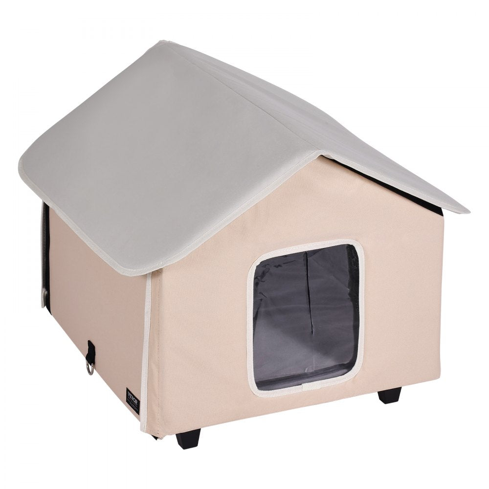 VEVOR Elevated Heated Cat House, Outdoor Kitty Shelter with Timer, 600D Oxford Cloth Foldable Cat Shelter with Heated Pad for Winter to Stay Warm and Cozy, Brown (Middle)