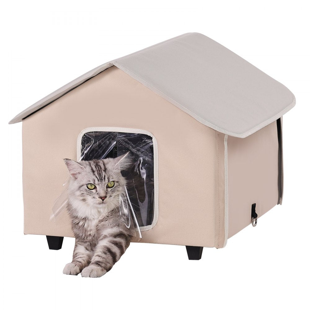VEVOR Elevated Heated Cat House, Outdoor Kitty Shelter with Timer, 600D Oxford Cloth Foldable Cat Shelter with Heated Pad for Winter to Stay Warm and Cozy, Brown (Middle)