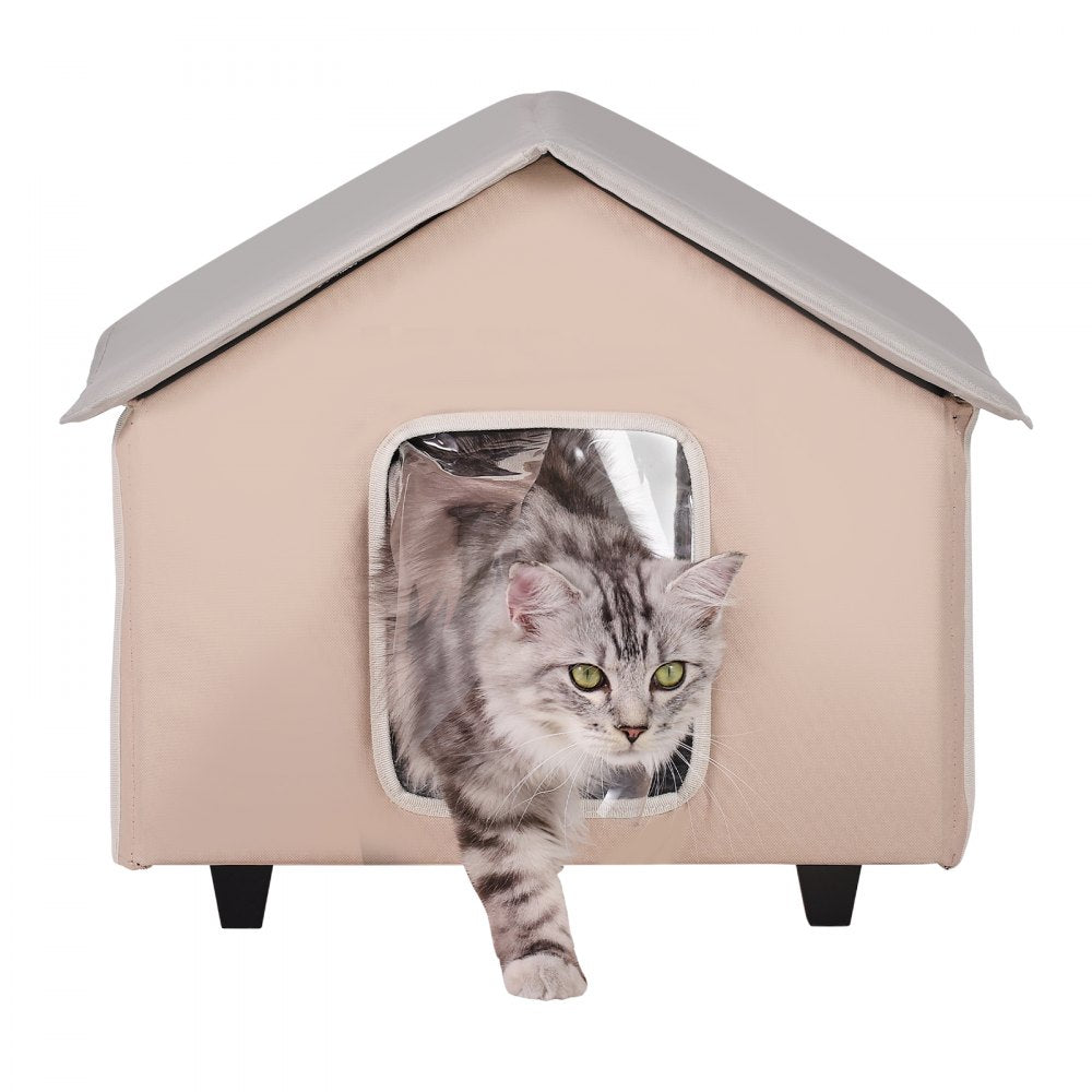 VEVOR Elevated Heated Cat House, Outdoor Kitty Shelter with Timer, 600D Oxford Cloth Foldable Cat Shelter with Heated Pad for Winter to Stay Warm and Cozy, Brown (Middle)
