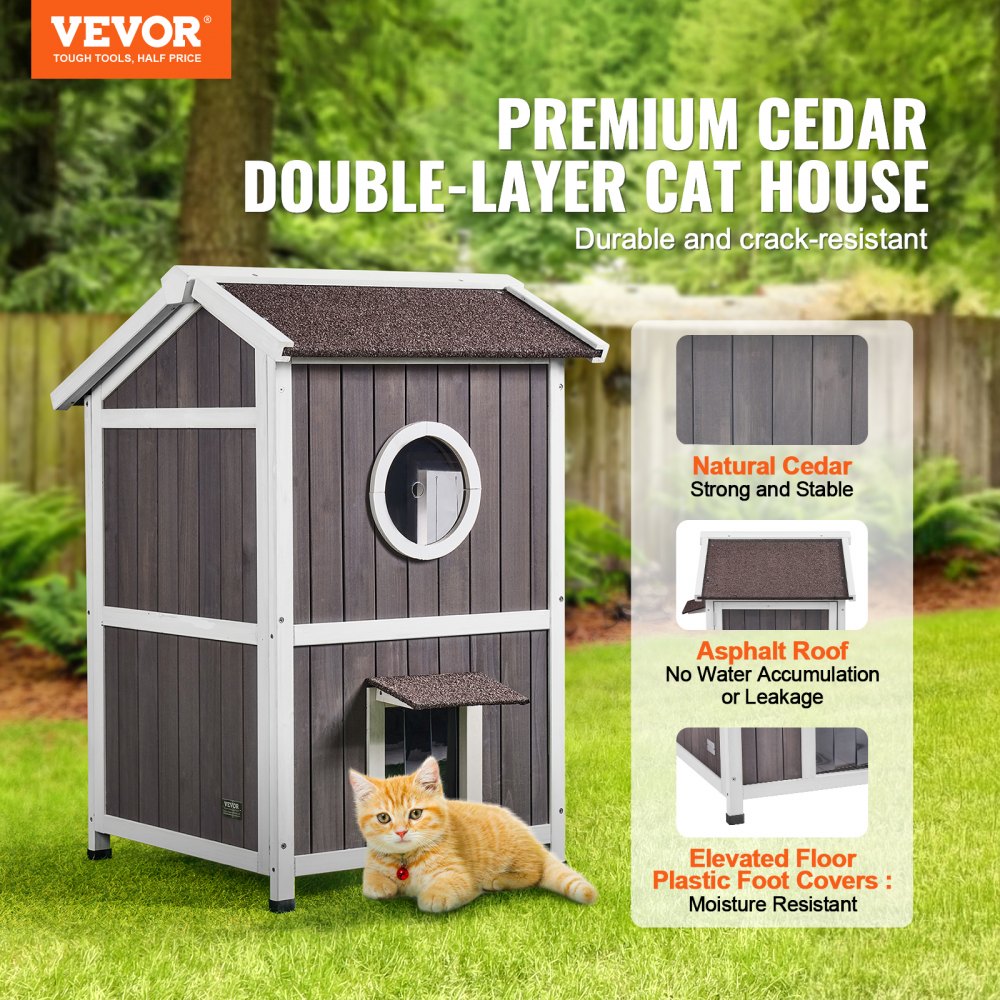 VEVOR Outdoor Cat House Weatherproof, Feral Cat Shelter for Multiple Cats, 2-story Large Outdoor Wooden Cat House with Doors, PVC Door Flaps, A Clear Window, 23"L x 26"W x 36"H