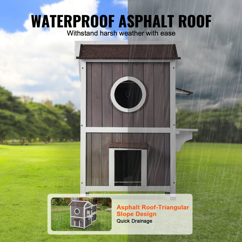 VEVOR Outdoor Cat House Weatherproof, Feral Cat Shelter for Multiple Cats, 2-story Large Outdoor Wooden Cat House with Doors, PVC Door Flaps, A Clear Window, 23"L x 26"W x 36"H