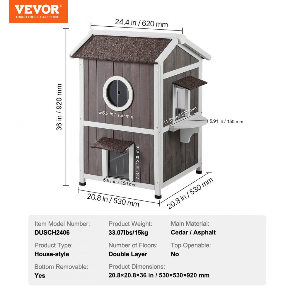 VEVOR Outdoor Cat House Weatherproof, Feral Cat Shelter for Multiple Cats, 2-story Large Outdoor Wooden Cat House with Doors, PVC Door Flaps, A Clear Window, 23"L x 26"W x 36"H