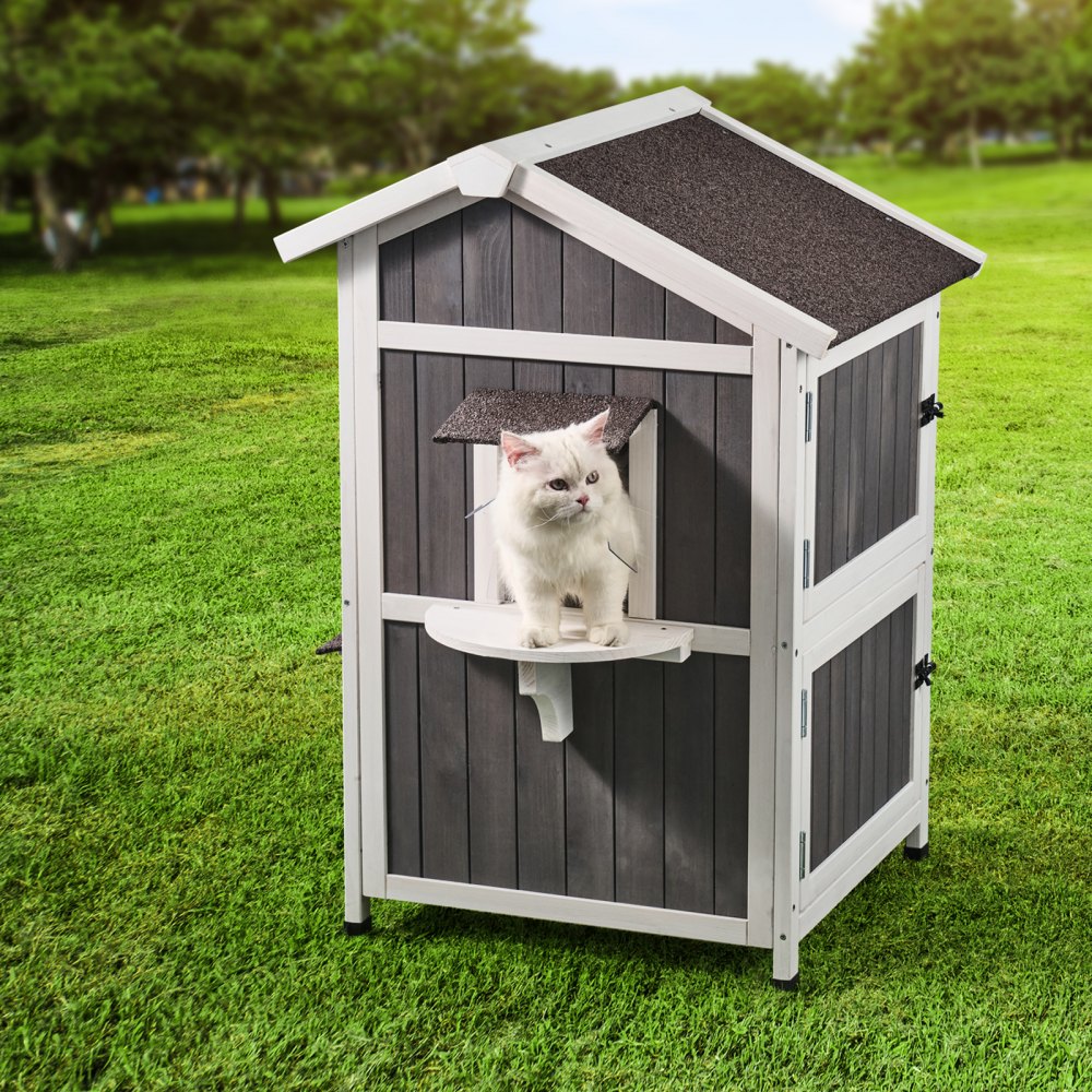 VEVOR Outdoor Cat House Weatherproof, Feral Cat Shelter for Multiple Cats, 2-story Large Outdoor Wooden Cat House with Doors, PVC Door Flaps, A Clear Window, 23"L x 26"W x 36"H