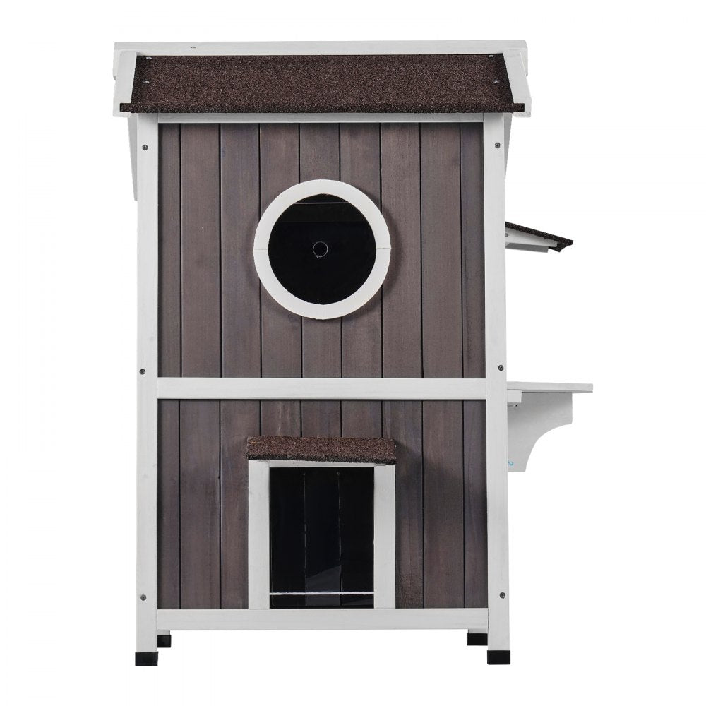 VEVOR Outdoor Cat House Weatherproof, Feral Cat Shelter for Multiple Cats, 2-story Large Outdoor Wooden Cat House with Doors, PVC Door Flaps, A Clear Window, 23"L x 26"W x 36"H