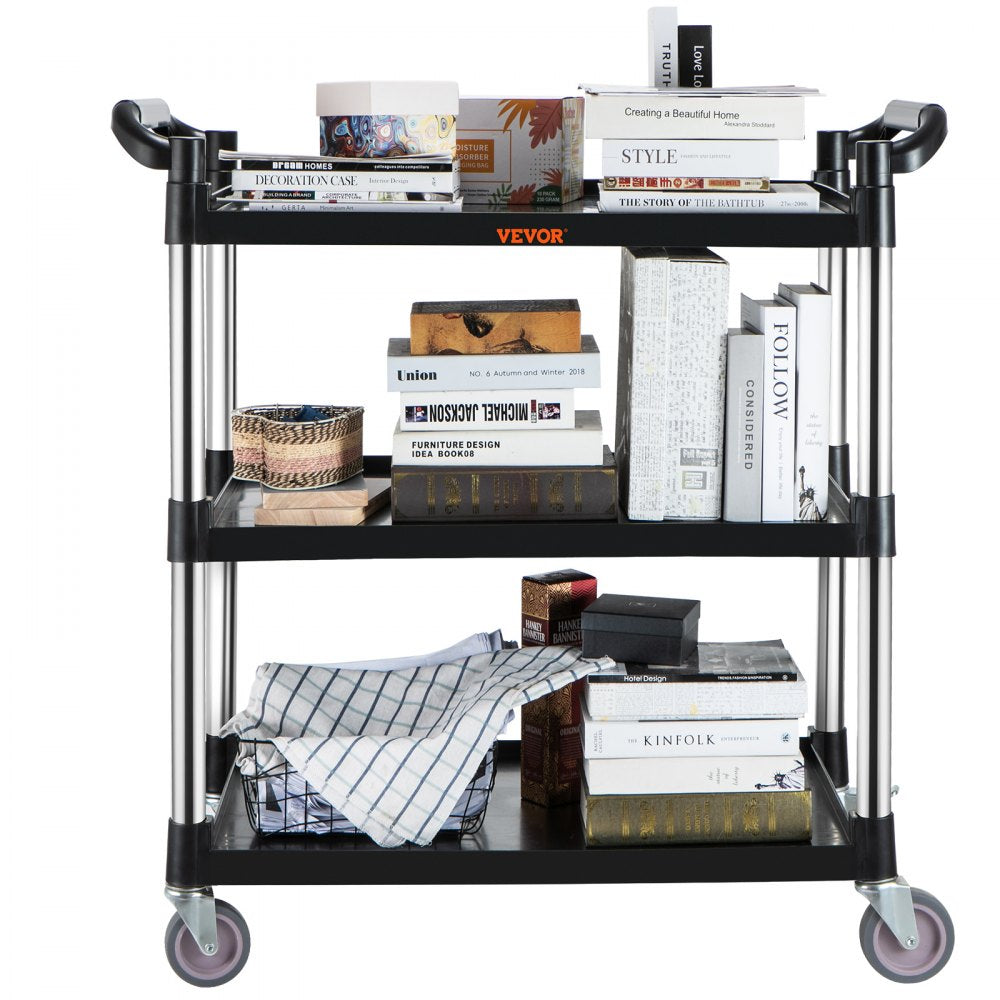 VEVOR Utility Service Cart, 3 Shelf Heavy Duty 154LBS Food Service Cart, Rolling Utility Cart with Lockable Wheels, 32.7" x 15.7" x 37.4" Plastic Utility Cart for Kitchen Office Restaurant Home, Black