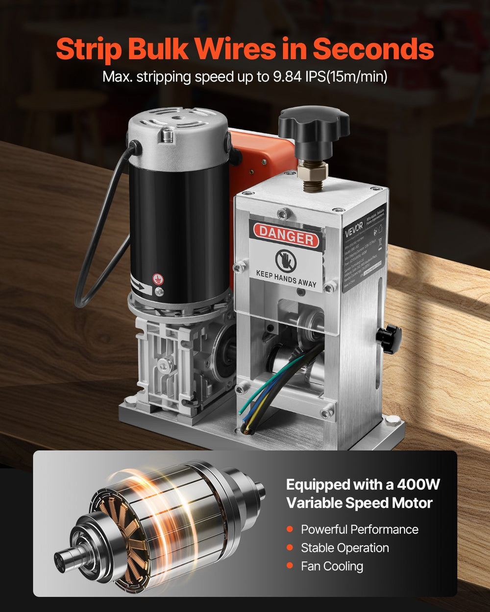 VEVOR Electric Wire Stripping Machine, 0.06-1.57 in, 400W Automatic Motorized Cable Stripper, 9.84 IPS (15 m/min) Wire Peeler with Blades, V-Shaped Rollers, Cooling Fan, for Scrap Copper Recycling