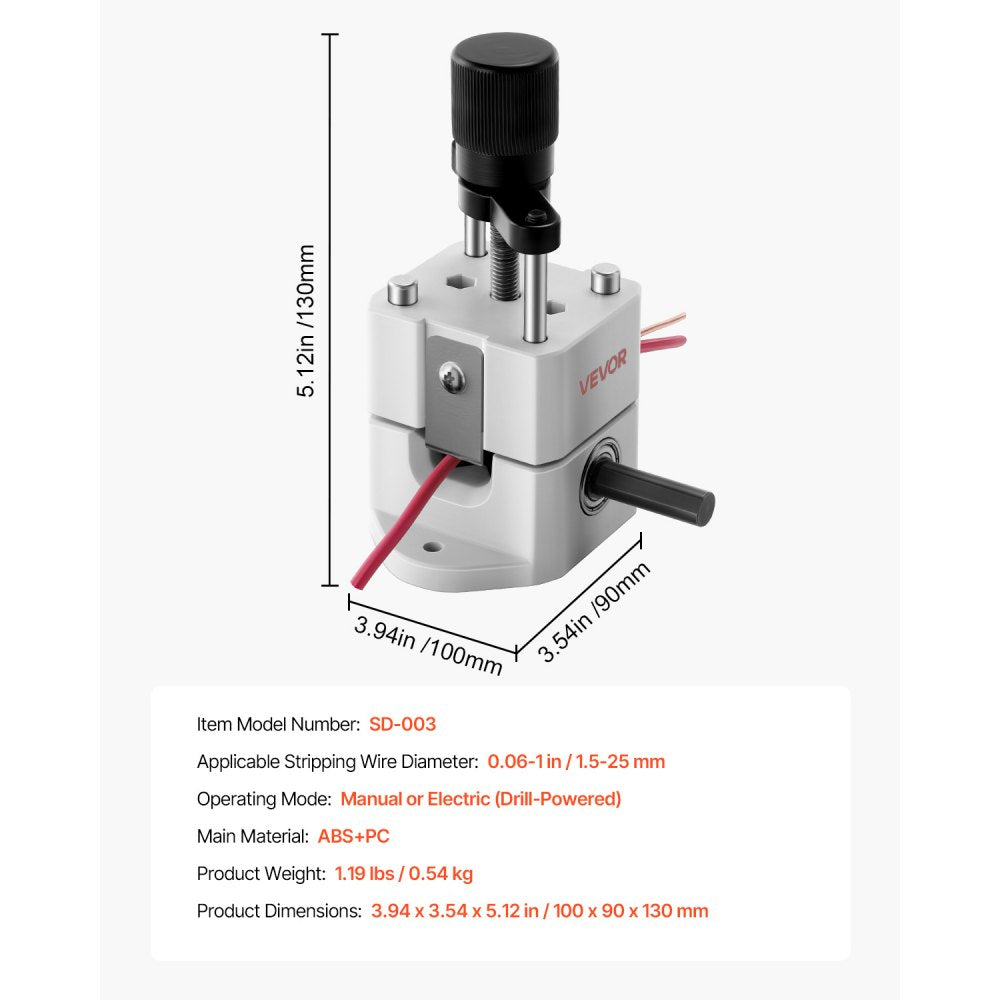 VEVOR Manual Wire Stripping Machine, 0.06-1 in, Portable Copper Stripper with Hand Crank or Drill Powered, 64Mn Quenched Blades, 45# Steel Rollers, ABS & PC Wire Peeler, for Scrap Copper Recycling