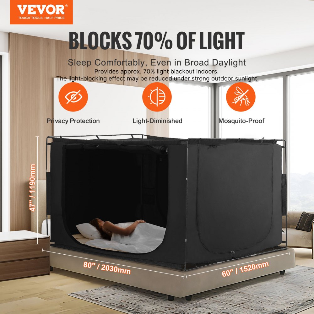 VEVOR Bed Tent, Pongee Fabric, 3 Doors Breathable Dream Tent with 0.43 in Fiber Poles on Bed Privacy, Full Size 70% Blackout Sleeping Bed Canopy, Fit for Kids Playhouse and Adults Sleeping Tent