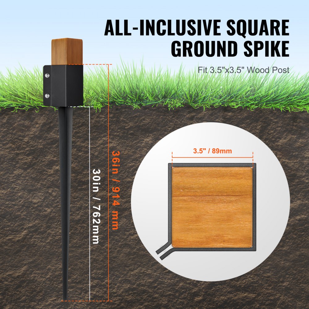 VEVOR Fence Post Anchor Ground Spike, 4 Pack 36 x 4 x 4 Inches Outer Diameter (Inner Diameter 3.5 x3.5 Inches), Metal Black Powder Coated Post Stake Ground, for Mailbox Deck Garden Railing