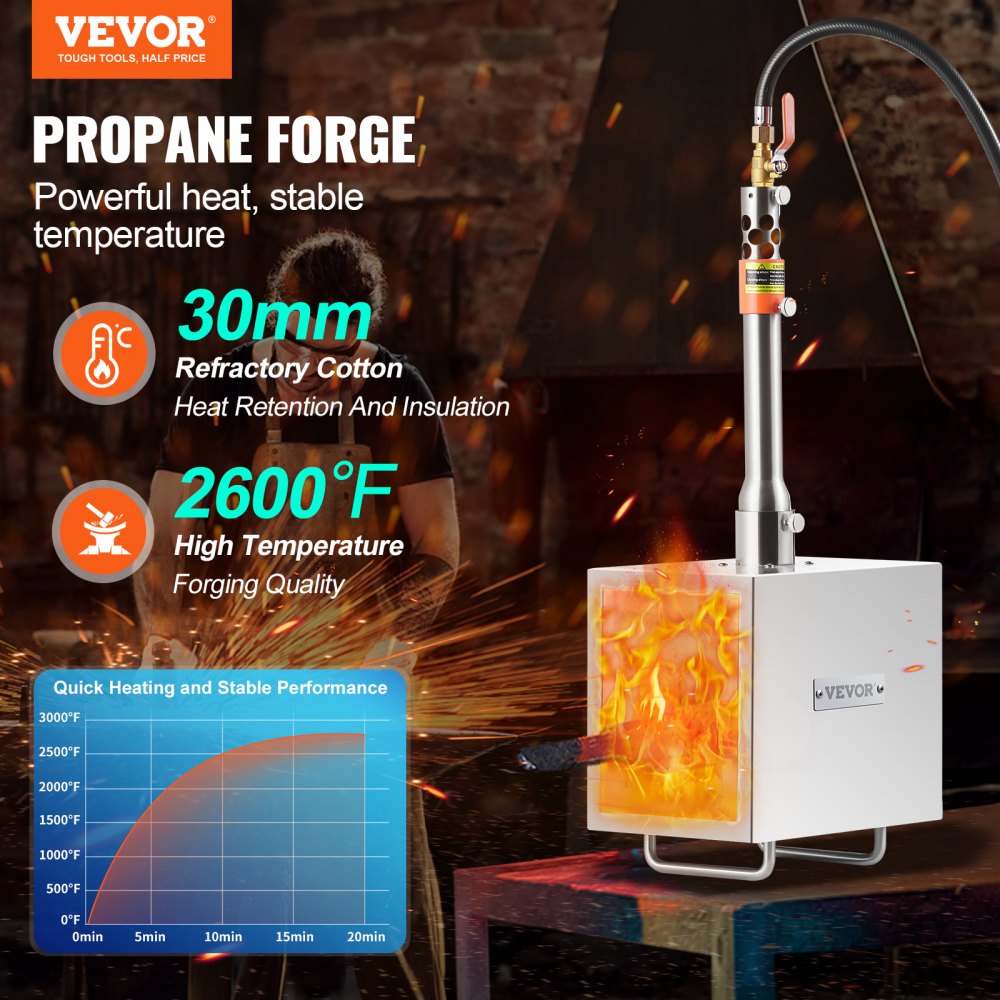 VEVOR Portable Propane Forge, 1 Burner Farrier Forge, 2600℉ Tool and Knife Making Blacksmithing Gas Forge, Large Capacity Square Stainless Steel Gas Forging Tools and Equipment for Metal Forging