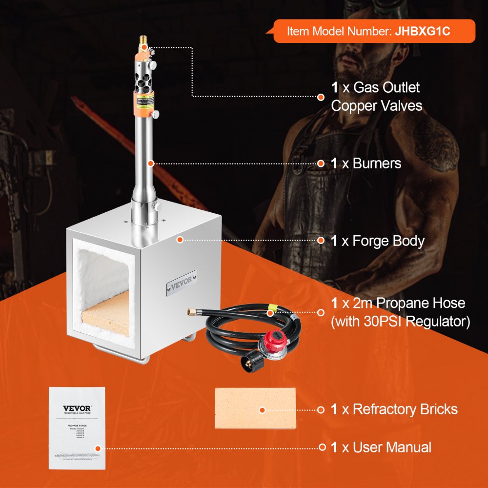 VEVOR Portable Propane Forge, 1 Burner Farrier Forge, 2600℉ Tool and Knife Making Blacksmithing Gas Forge, Large Capacity Square Stainless Steel Gas Forging Tools and Equipment for Metal Forging