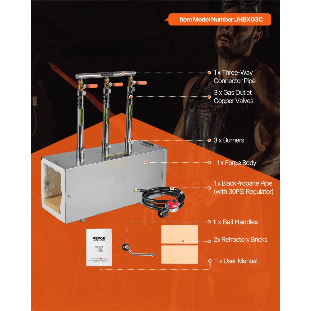 VEVOR Portable Propane Forge, 3 Burners, 2600℉ Tool and Knife Making Blacksmithing Farrier Forge, Large Capacity Square Shape, Stainless Steel Gas Forging Tools and Equipment, Use for Metal Forging