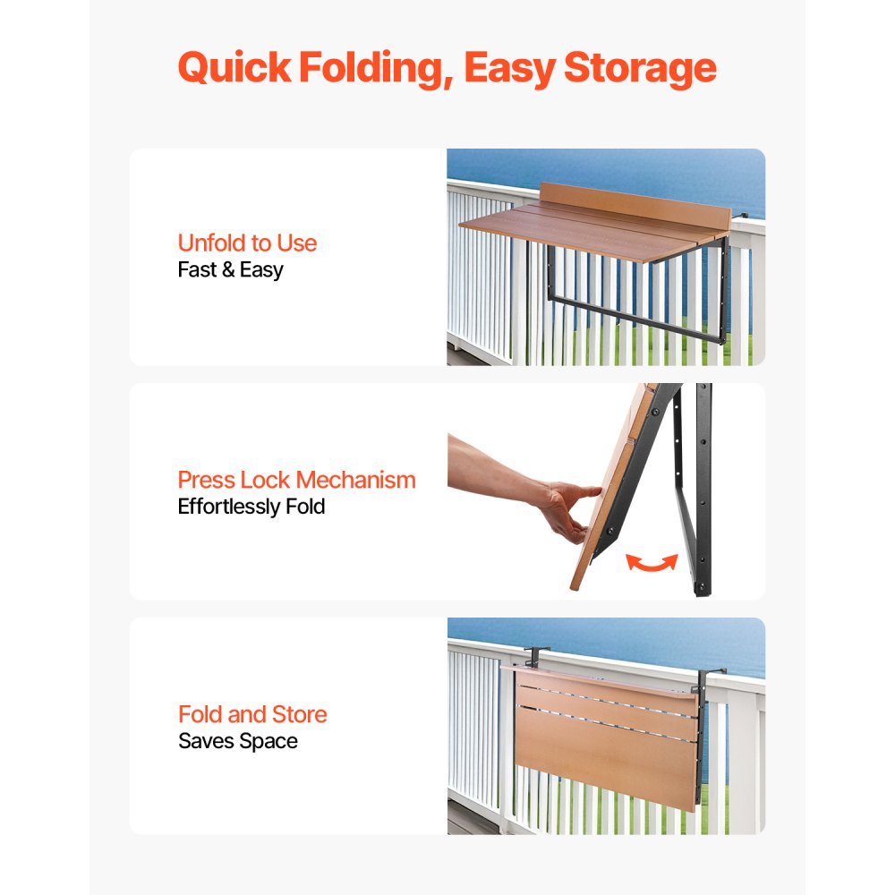 VEVOR Balcony Hanging Table, 15 x 39 in Folding Balcony Railing Table, Outdoor Balcony Bar Table for Railings, 5-Level Adjustable, Fit Railing from 1" to 5.3", Serving Table for Patio & Deck