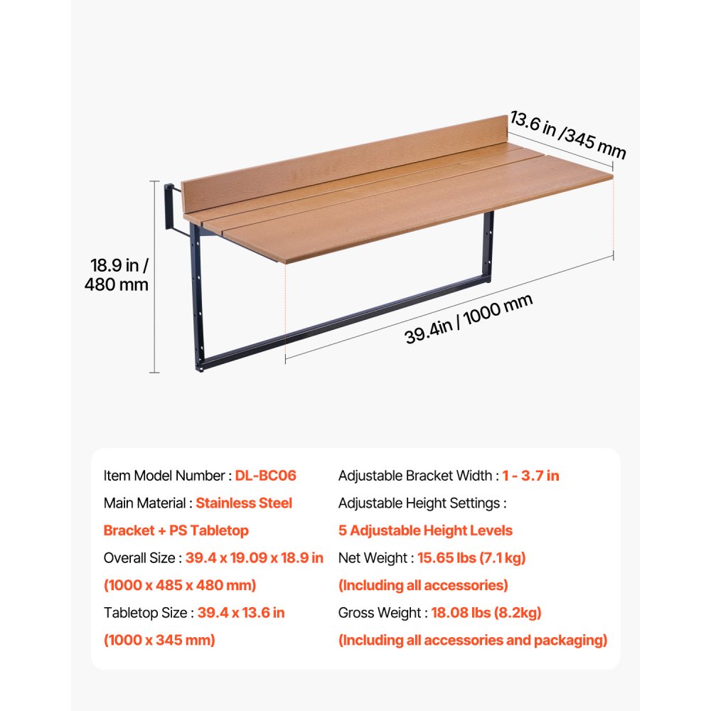 VEVOR Balcony Hanging Table, 15 x 39 in Folding Balcony Railing Table, Outdoor Balcony Bar Table for Railings, 5-Level Adjustable, Fit Railing from 1" to 5.3", Serving Table for Patio & Deck