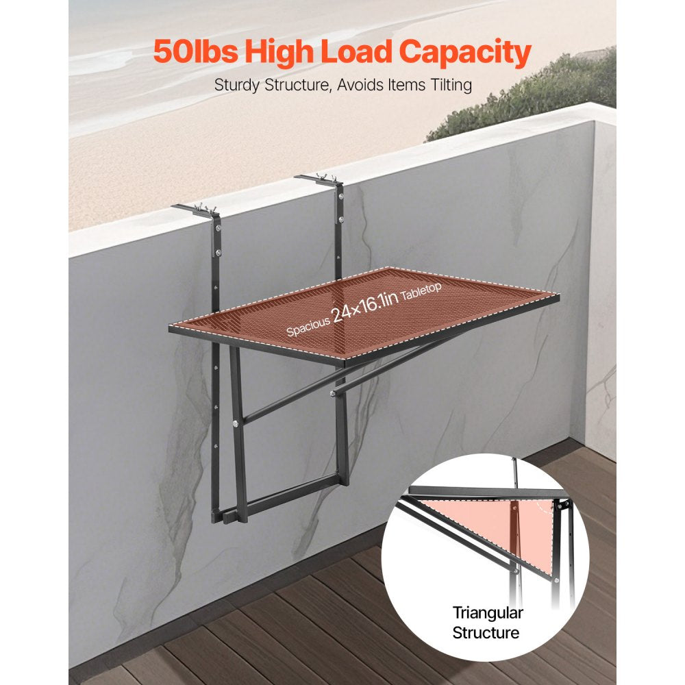 VEVOR Balcony Hanging Table, 19 x 24 in Metal Folding Balcony Railing Table, Outdoor Balcony Bar Table for Railings, 5-Level Adjustable, Fit Railing from 1" to 4.7", Serving Table for Patio & Deck
