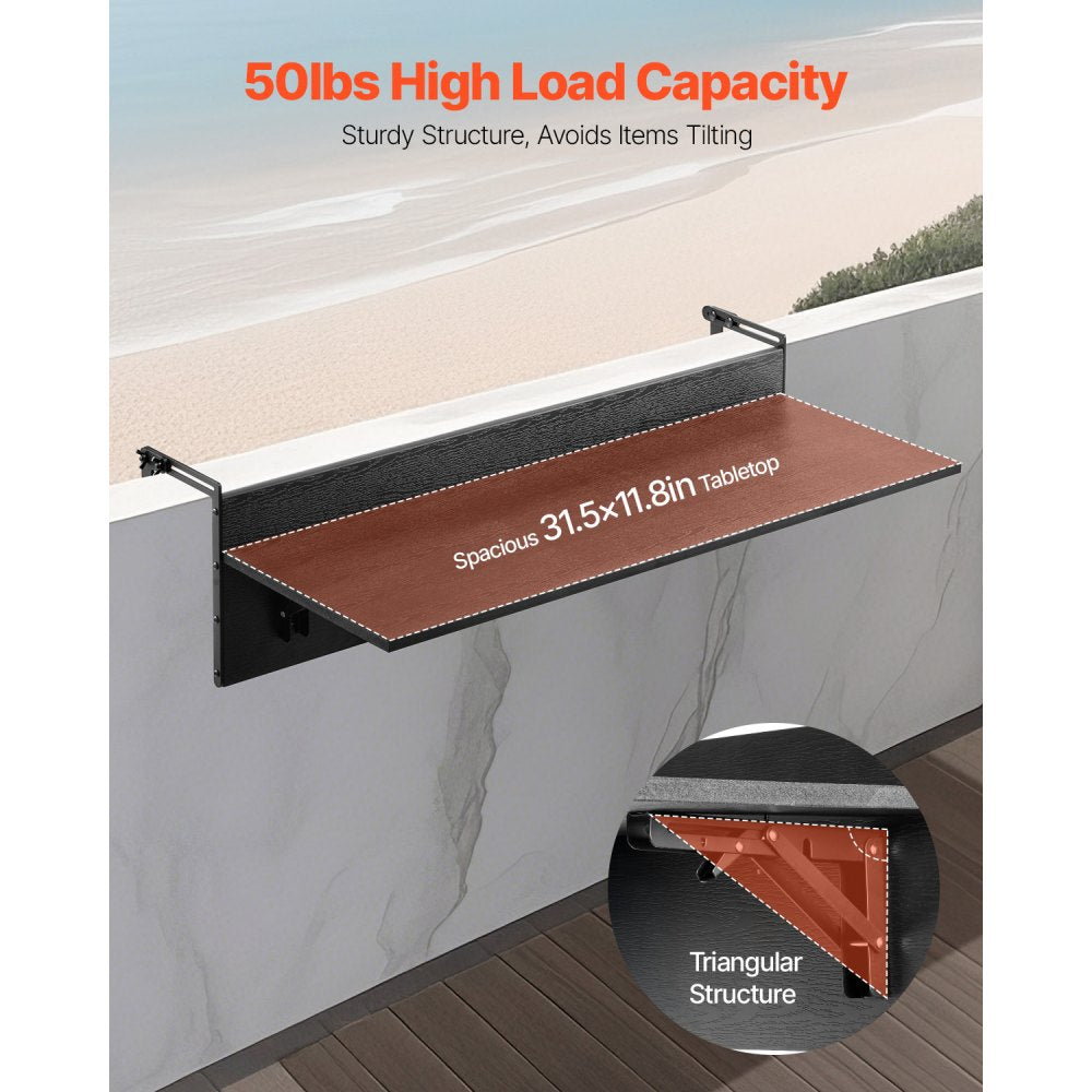 VEVOR Balcony Hanging Table, 12 x 32 in Folding Balcony Railing Table, Outdoor Balcony Bar Tables for Railings, 50 lbs Loading, Fit Railing from 1" to 4.3", Serving Tables for Patio & Deck