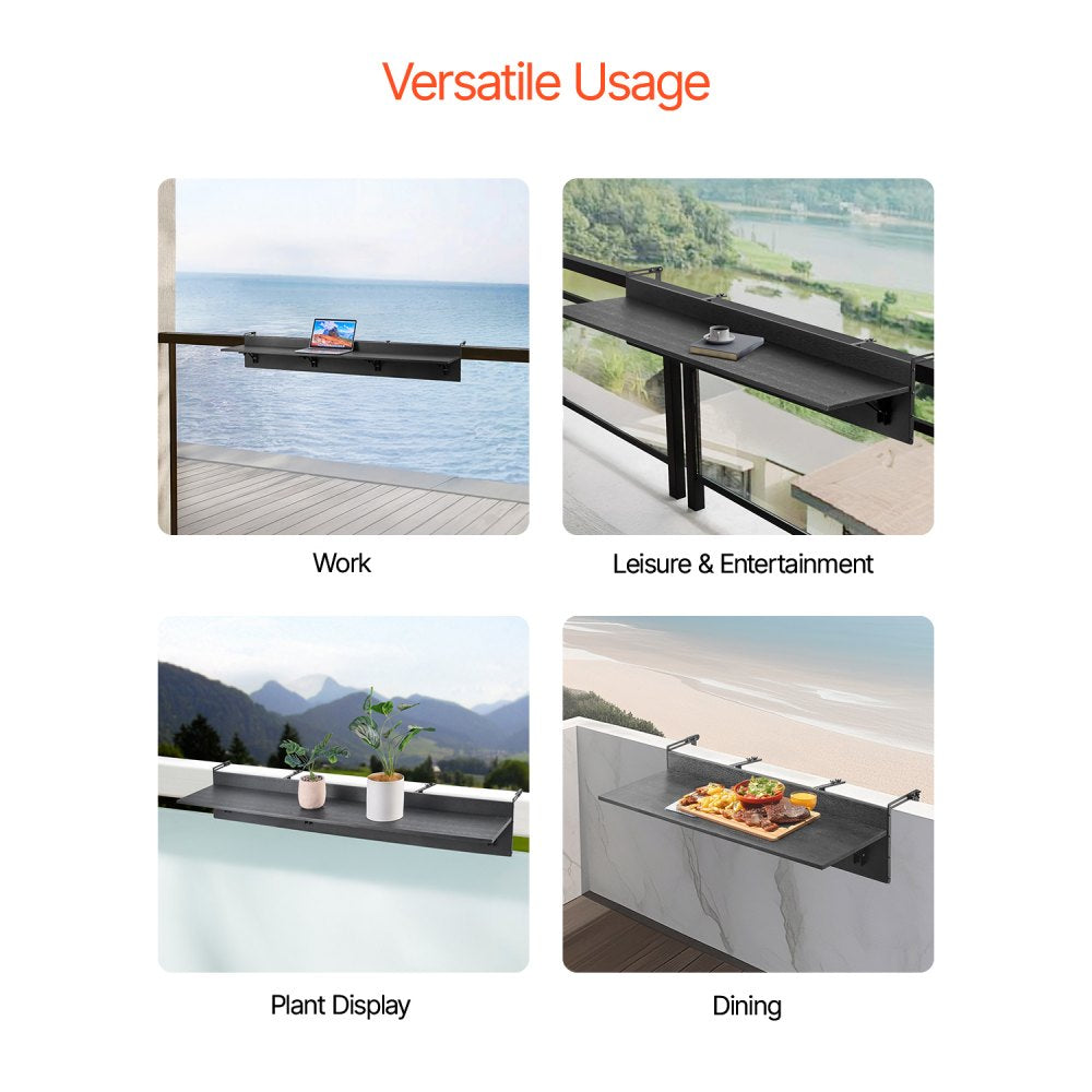 VEVOR Balcony Hanging Table, 12 x 59 in Folding Balcony Railing Table, Outdoor Balcony Bar Table for Railings, 50 lbs Loading, Fit Railing from 1" to 5.9", Serving Table for Patio & Deck