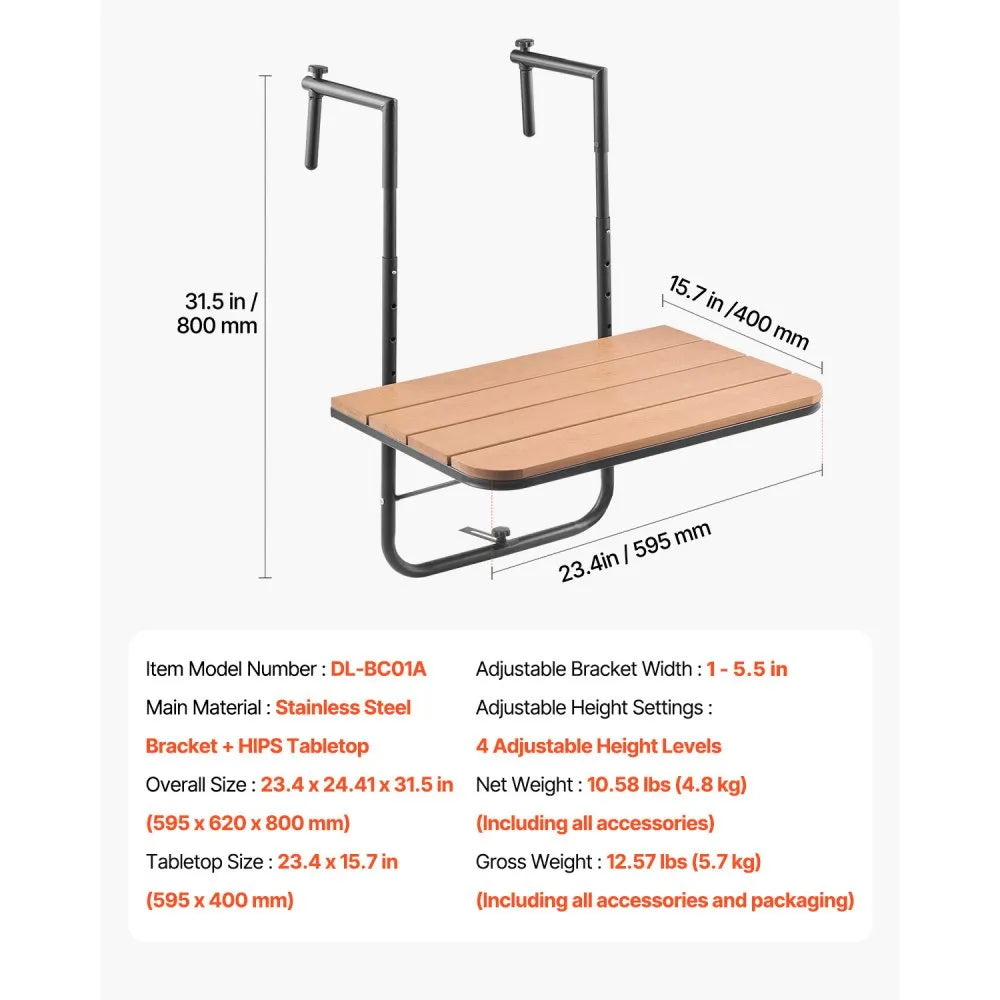 VEVOR Balcony Hanging Table, 25 x 24 in Folding Balcony Railing Table, Outdoor Balcony Bar Table for Railings, 4-Level Adjustable, Fit Railing from 1" to 8.27", Serving Table for Patio & Deck
