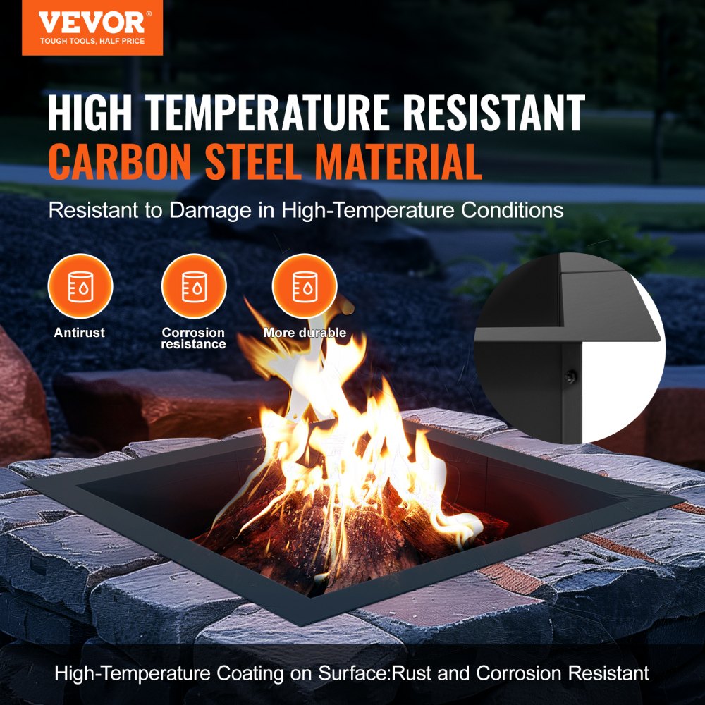 VEVOR Fire Pit Ring, 36x36 in Outer/30x30 in Inner Diameter, 10inch Height Square Fire Pit Insert, Heavy Duty Carbon Steel Liner DIY Campfire Ring above or In-Ground, for Outdoor Camping, Bonfires