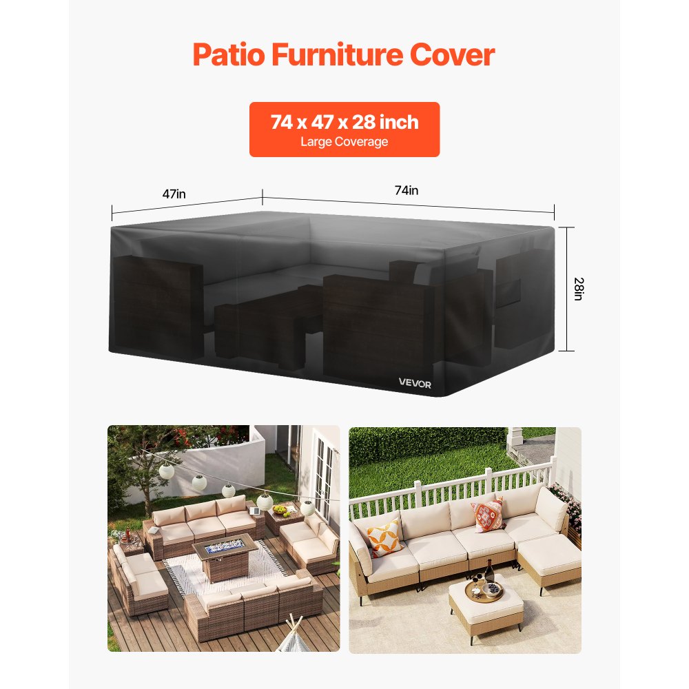 VEVOR Patio Furniture Cover, 420D Heavy Duty Waterproof Outdoor Dining Table and Chairs Cover, Large Rectangular Patio Table Covers with Air Vent for All Weather, 74L x 47W x 28H inch, Black
