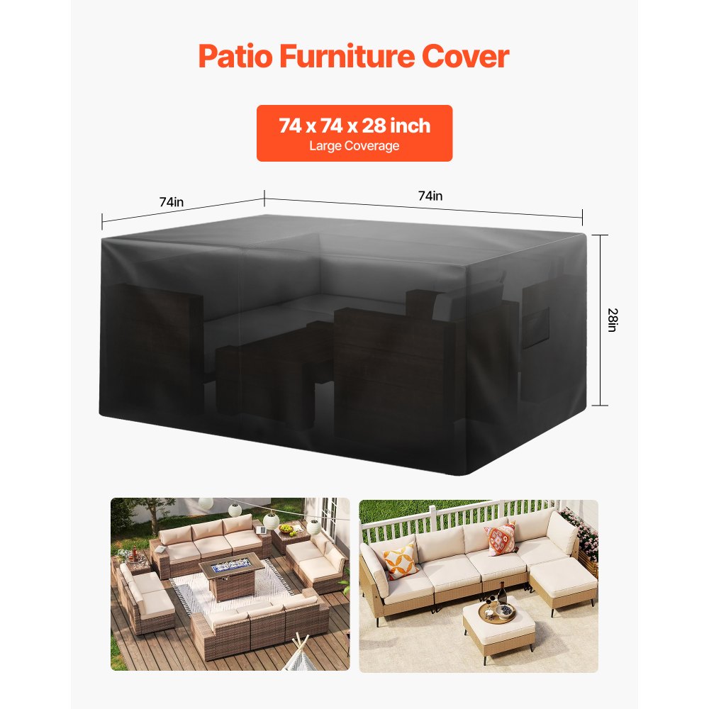 VEVOR Patio Furniture Cover, 420D Heavy Duty Waterproof Outdoor Dining Table and Chairs Cover, Large Squre Patio Table Covers with Air Vent for All Weather, 74L x 74W x 28H inch, Black